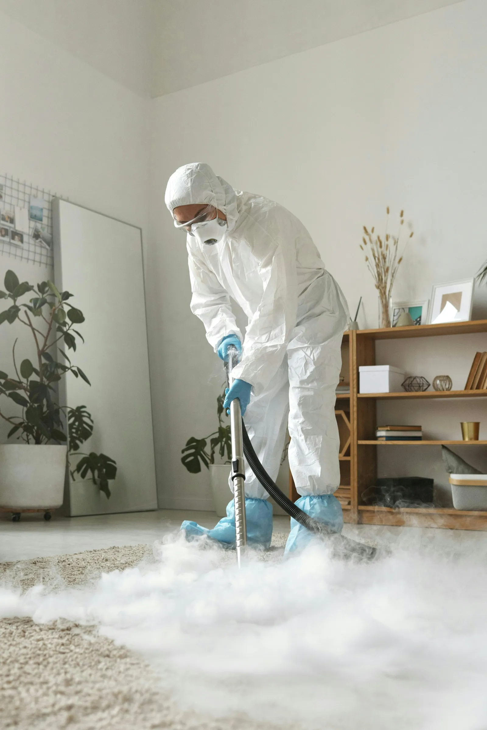 Professionelle Dampfreinigung eines Teppichbodens in Schutzausrüstung